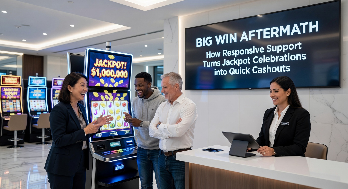 Support team agents at desks with multiple screens, coordinating a large jackpot payout in a bustling operations center