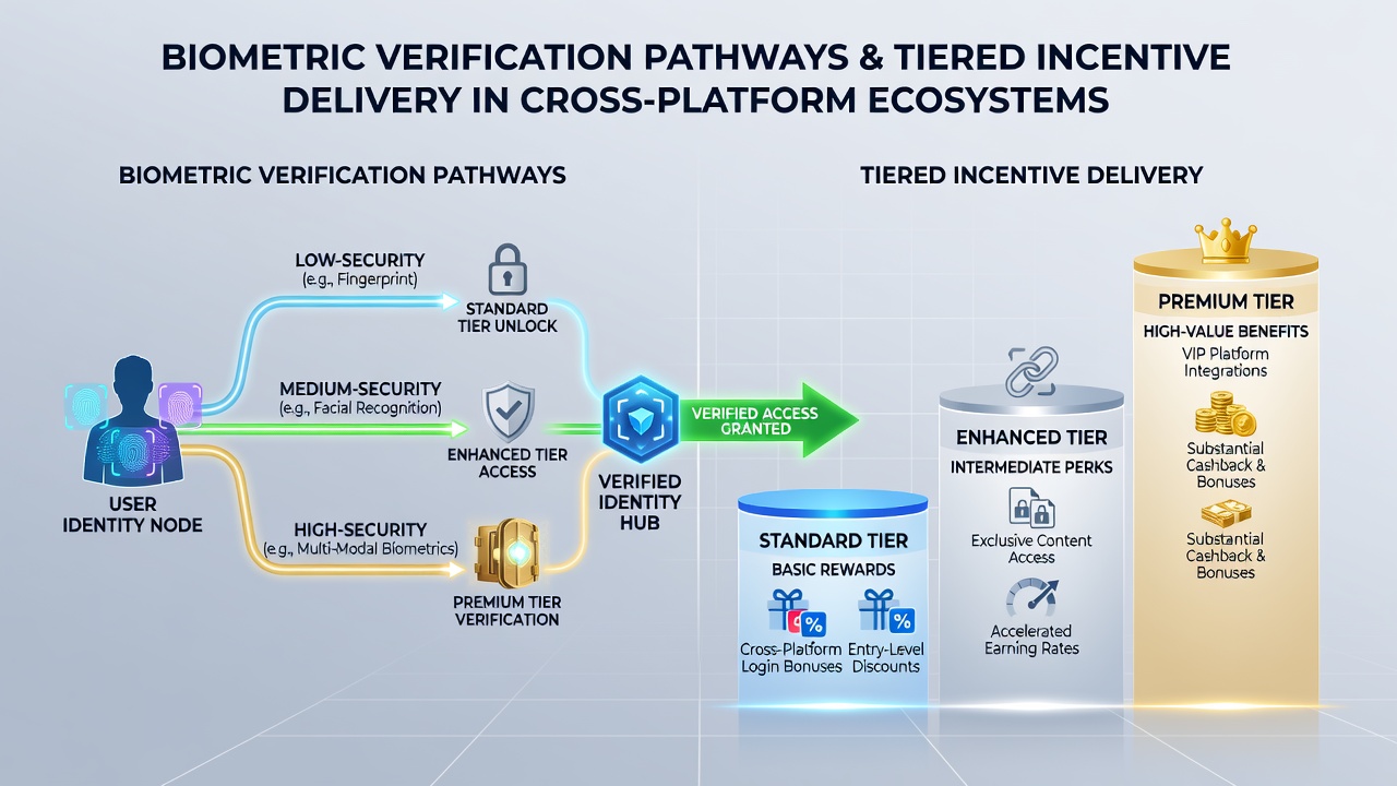 Cross-platform entertainment dashboard displaying tiered incentive progress after biometric login