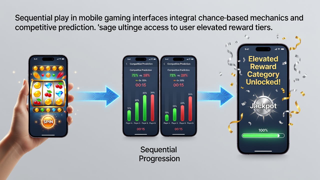 Mobile interface showing sequential play between slot games and sports prediction tools with reward progress indicators