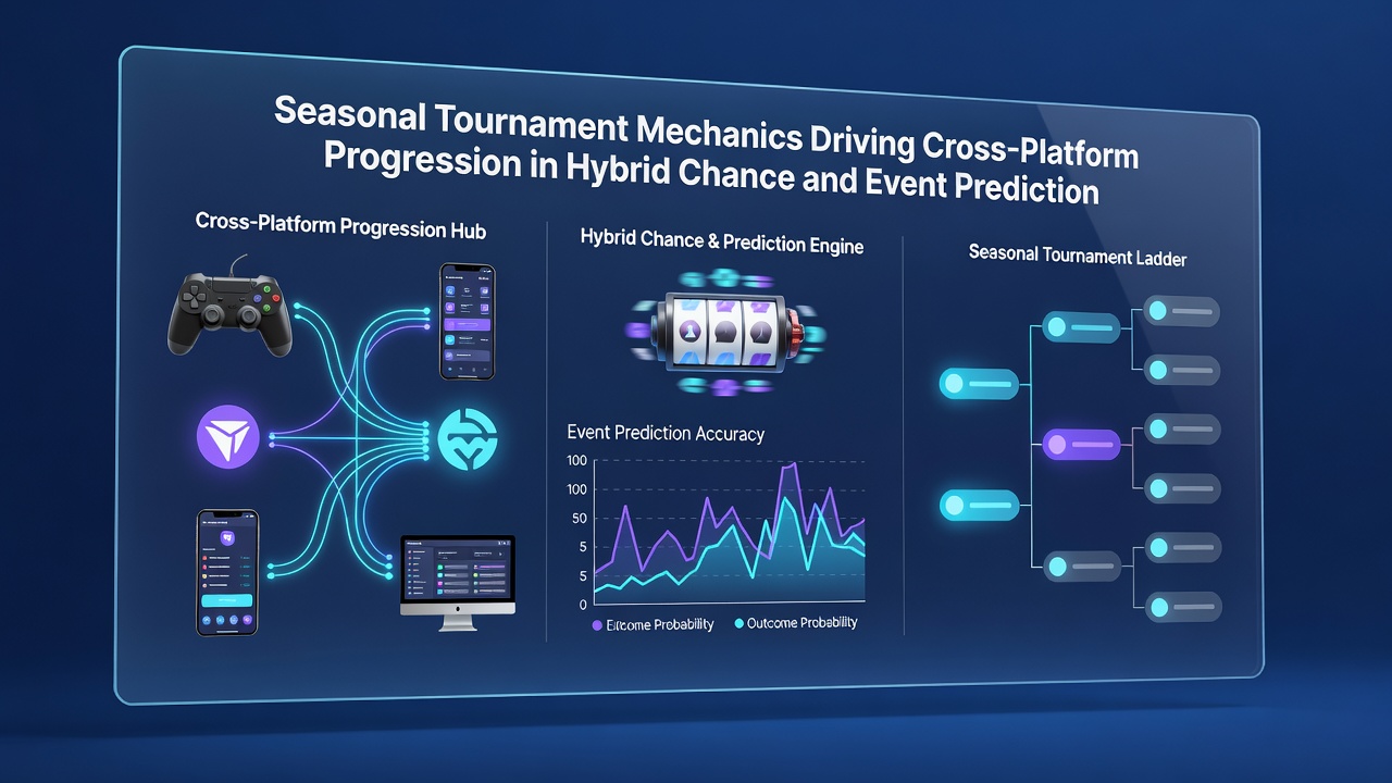 Diagram showing data flow between seasonal tournaments on mobile devices and desktop platforms in hybrid gaming applications