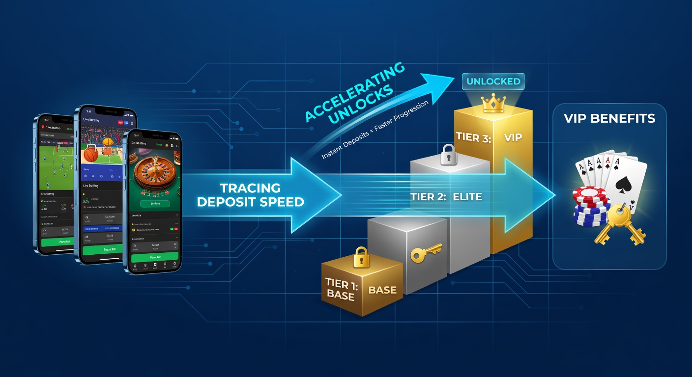VIP tier progression dashboard on a mobile casino app with deposit speed indicators and sports betting options