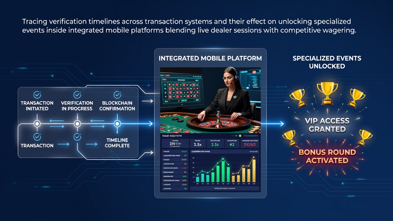 Mobile platform interface showing transaction verification status alongside live dealer and sports wagering sections